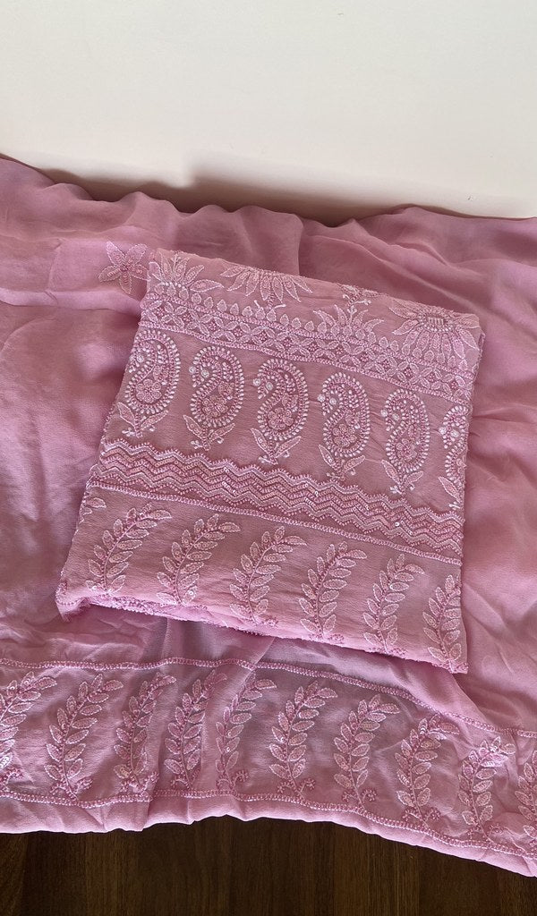 Folded pink silk georgette kurta, gala and neckline work