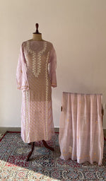 Lilac pure mul chanderi chikankari suit set on the mannequin with its dupatta