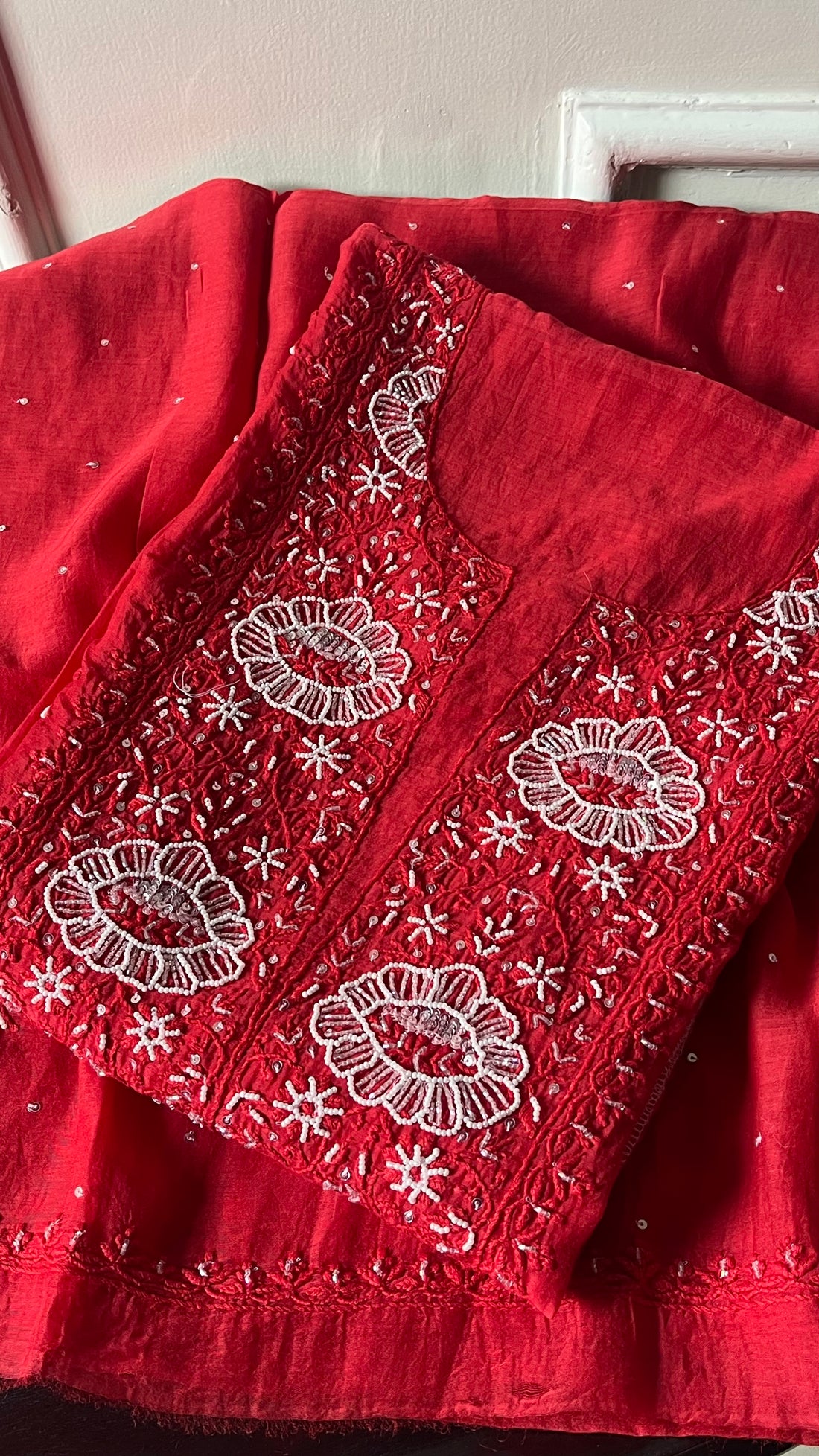 Women's Lakhnavi Handcrafted Mul Chanderi Semi - Stitched Kurta And Dupatta Set - HONC0246420