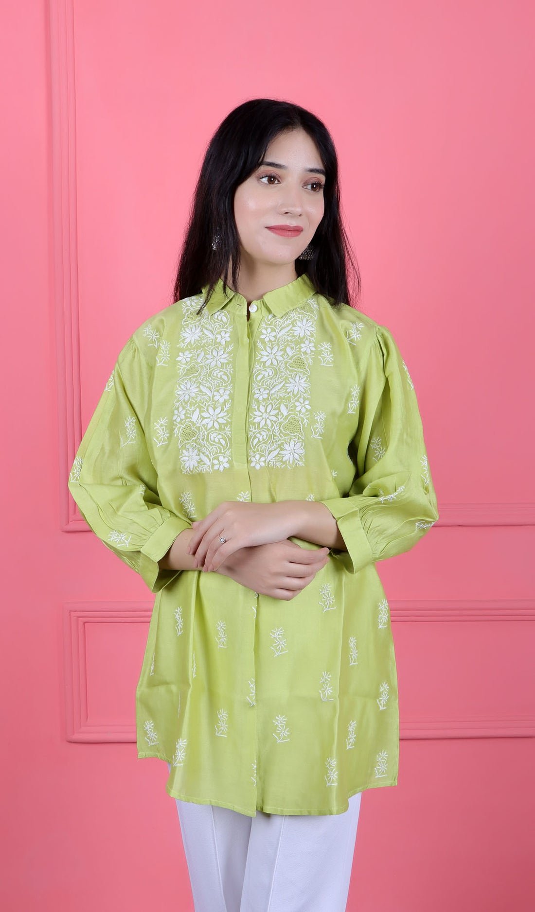 Shamina Women's Lakhnavi Handcrafted Chanderi Silk Chikankari Top - HONC0166361