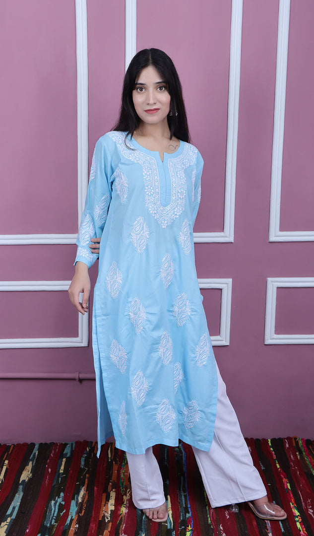 勒克瑙手工制作的棉质 Chikankari Kurti - HONC0133782