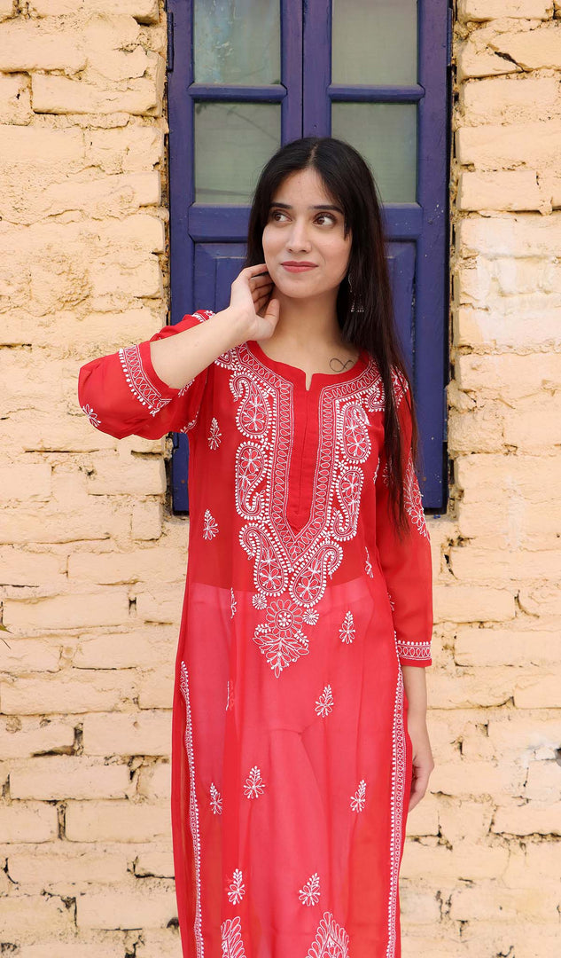 Adeeva Women's Lakhnavi Handcrafted Faux-Georgette Chikankari Kurti - HONC0190718