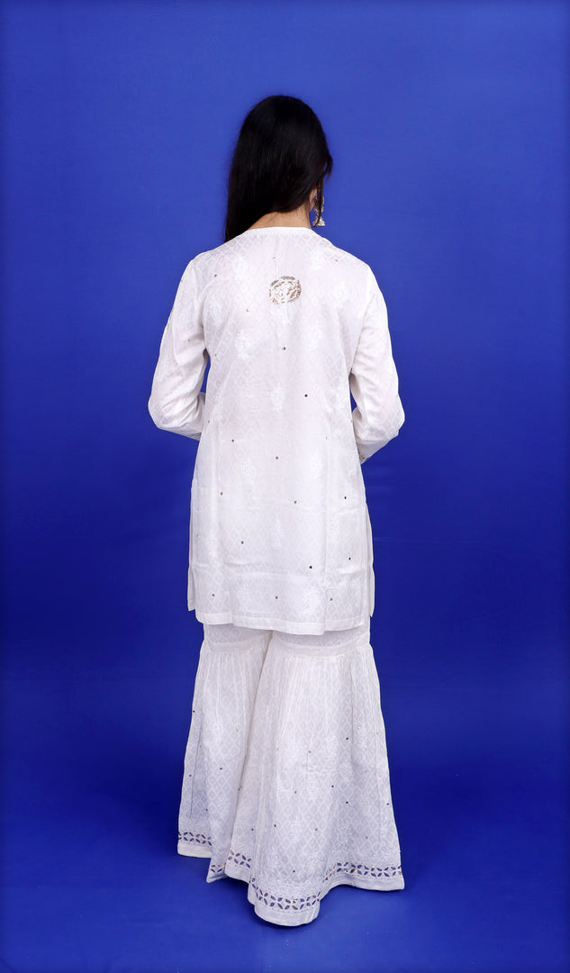 Women's Lakhnavi Handcrafted Chanderi Silk Chikankari Kurta And Gharara Set - HONC09860
