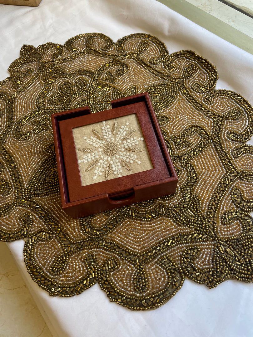 Handcrafted Chikankari Tea Coaster Set with Wooden Holder – Set of 6 - HONC0310084