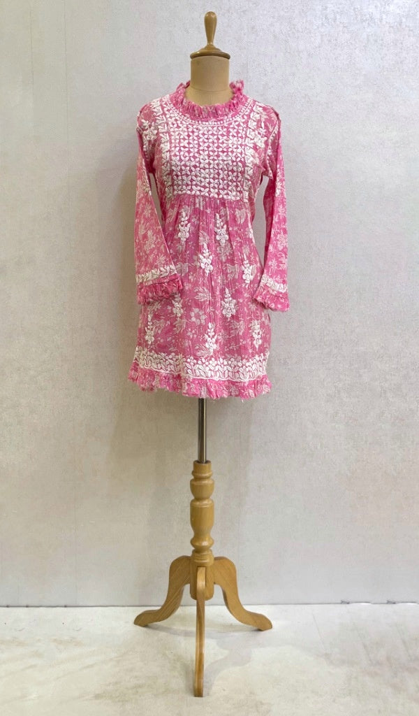 Women's Lakhnavi Handcrafted Printed Mulmul Cotton Chikankari Top - HONC079848
