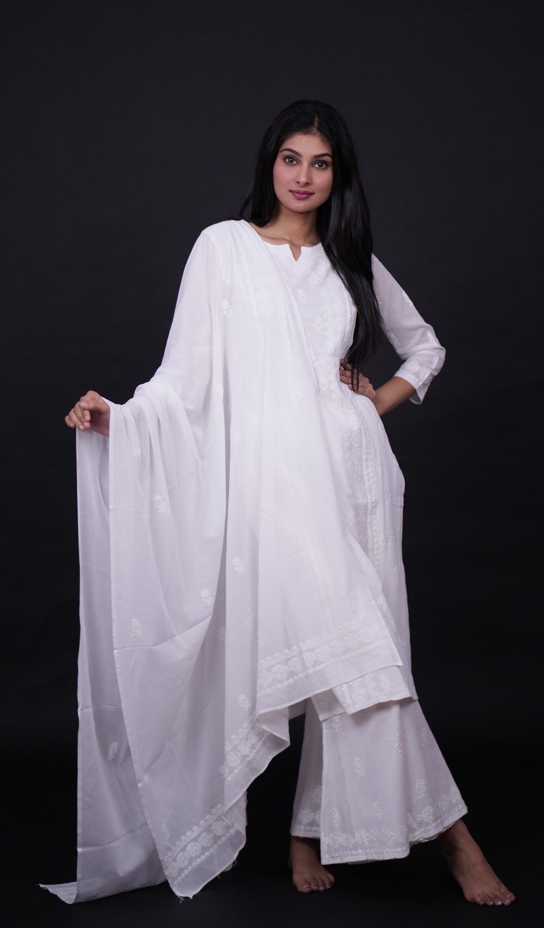 Women's Lakhnavi Handcrafted Cotton Chikankari Kurta And Palazzo Set With Dupatta  - HONC098053