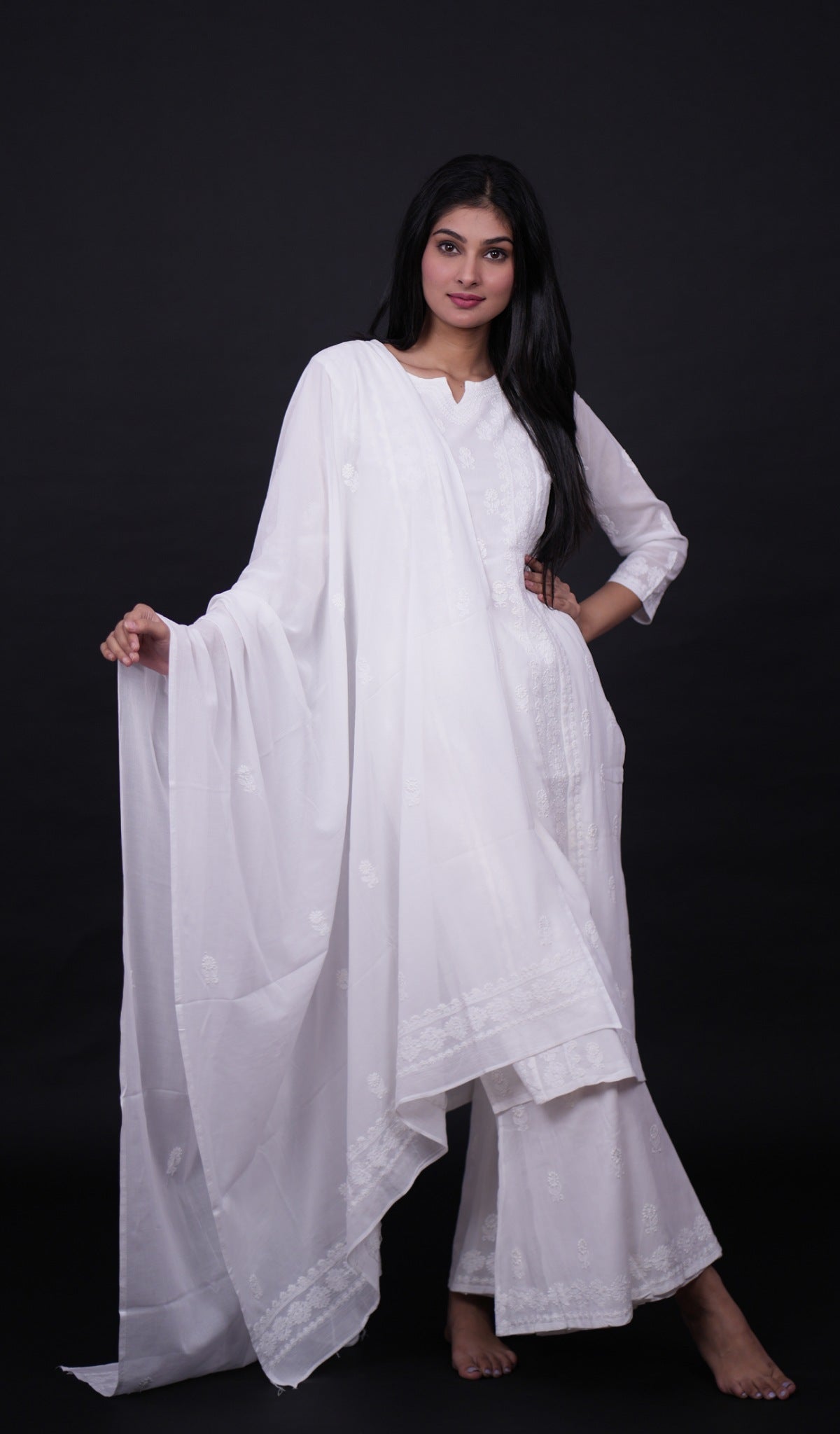 Women's Lakhnavi Handcrafted Cotton Chikankari Kurta And Palazzo Set With Dupatta  - HONC098053