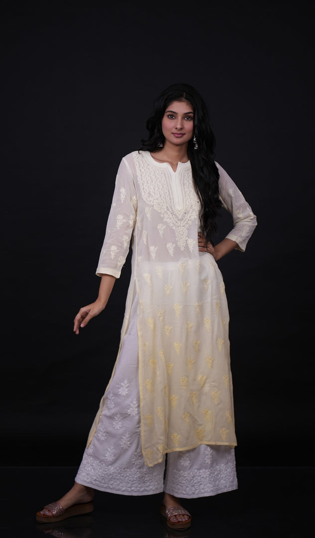 Ada Hand Embroidered White Georgette Lucknowi Chikan Women Kurta with Slip  - A223935 - Ada - 2837587