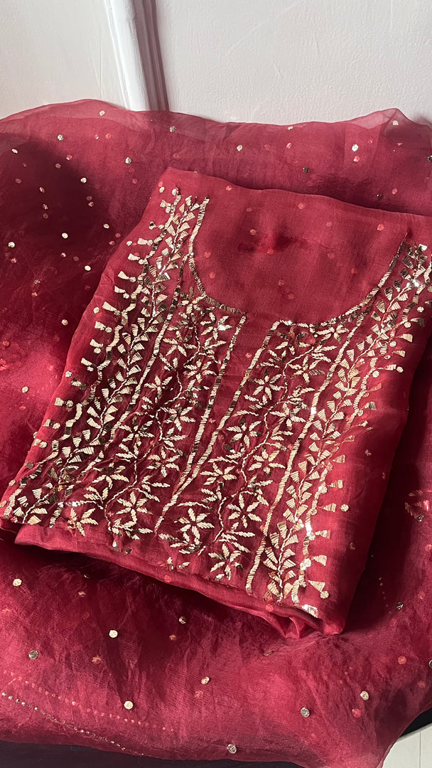 Marifa Women's Lakhnavi Handcrafted Pure Organza Chikankari Unstitched Kurta And Dupatta Set- HONC0255859