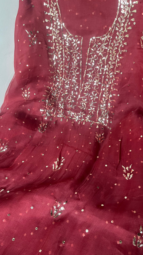 Marifa Women's Lakhnavi Handcrafted Pure Organza Chikankari Unstitched Kurta And Dupatta Set- HONC0255859
