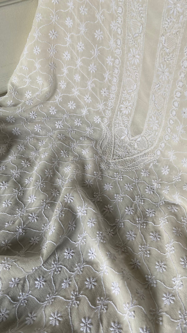 Lucknowi Handcrafted Pure Silk Georgette Chikankari Unstitched Men's Kurta Fabric - HONC0333624