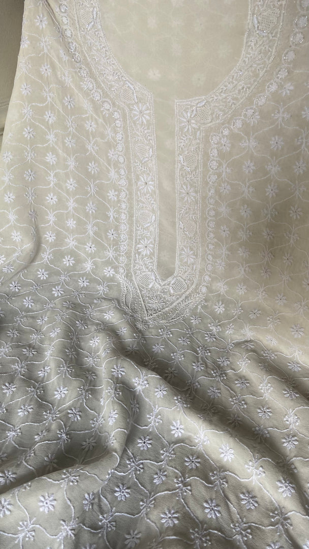 Lucknowi Handcrafted Pure Silk Georgette Chikankari Unstitched Men's Kurta Fabric - HONC0333624