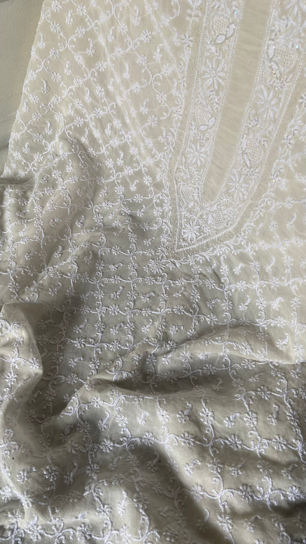 Lucknowi Handcrafted Pure Silk Georgette Chikankari Unstitched Men's Kurta Fabric - HONC0333625