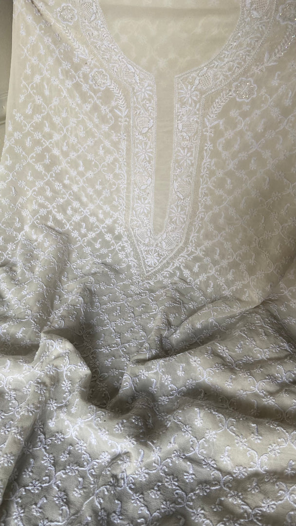 Lucknowi Handcrafted Pure Silk Georgette Chikankari Unstitched Men's Kurta Fabric - HONC0333625