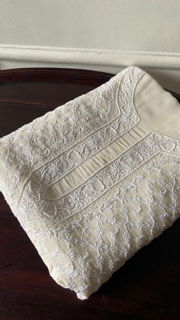 Lucknowi Handcrafted Pure Silk Georgette Chikankari Unstitched Men's Kurta Fabric - HONC0333625