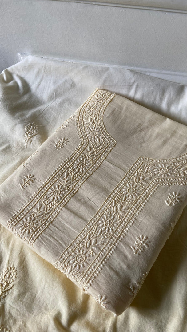 Women's Lakhnavi Handcrafted Unstitched Cotton Chikankari Kurta Dupatta Set - HONC0362873