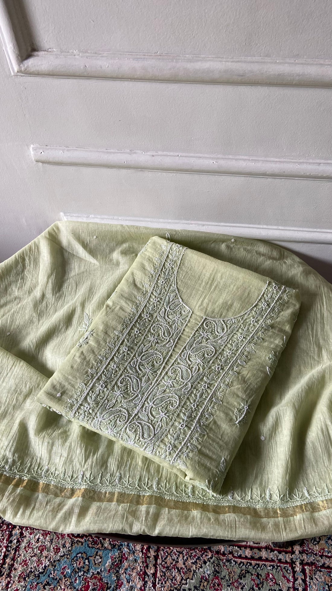 Women's Lakhnavi Handcrafted Chanderi Silk Unstitched Chikankari Full Suit - HONC0354635