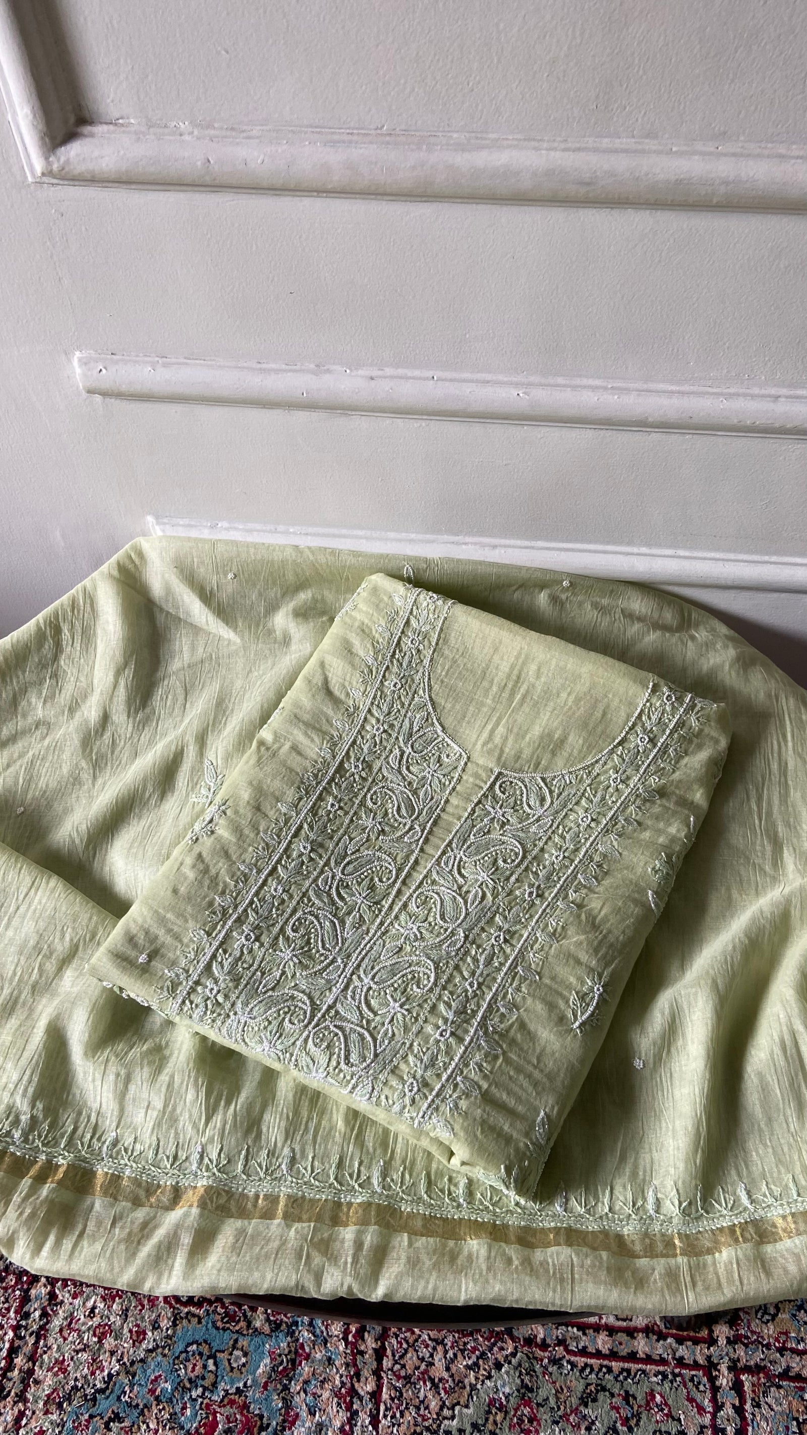Women's Lakhnavi Handcrafted Chanderi Silk Unstitched Chikankari Full Suit - HONC0354635