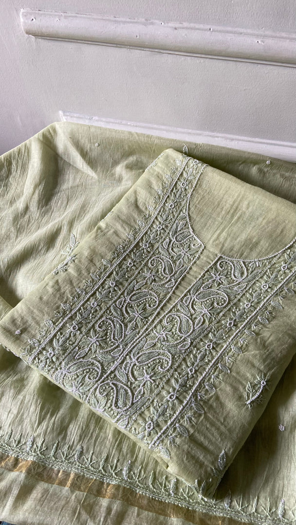 ‹› Women's Lakhnavi Handcrafted Chanderi Silk Unstitched Chikankari Full Suit - HONC0354635