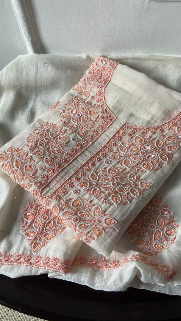 Women's Lakhnavi Handcrafted Mul Chanderi UnStitched Kurta And Dupatta Set - HONC0317813