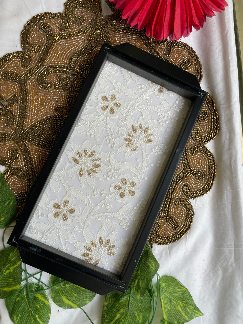 Handcrafted Chikankari Tray with Two Coasters – Wooden Frame - HONC0269377