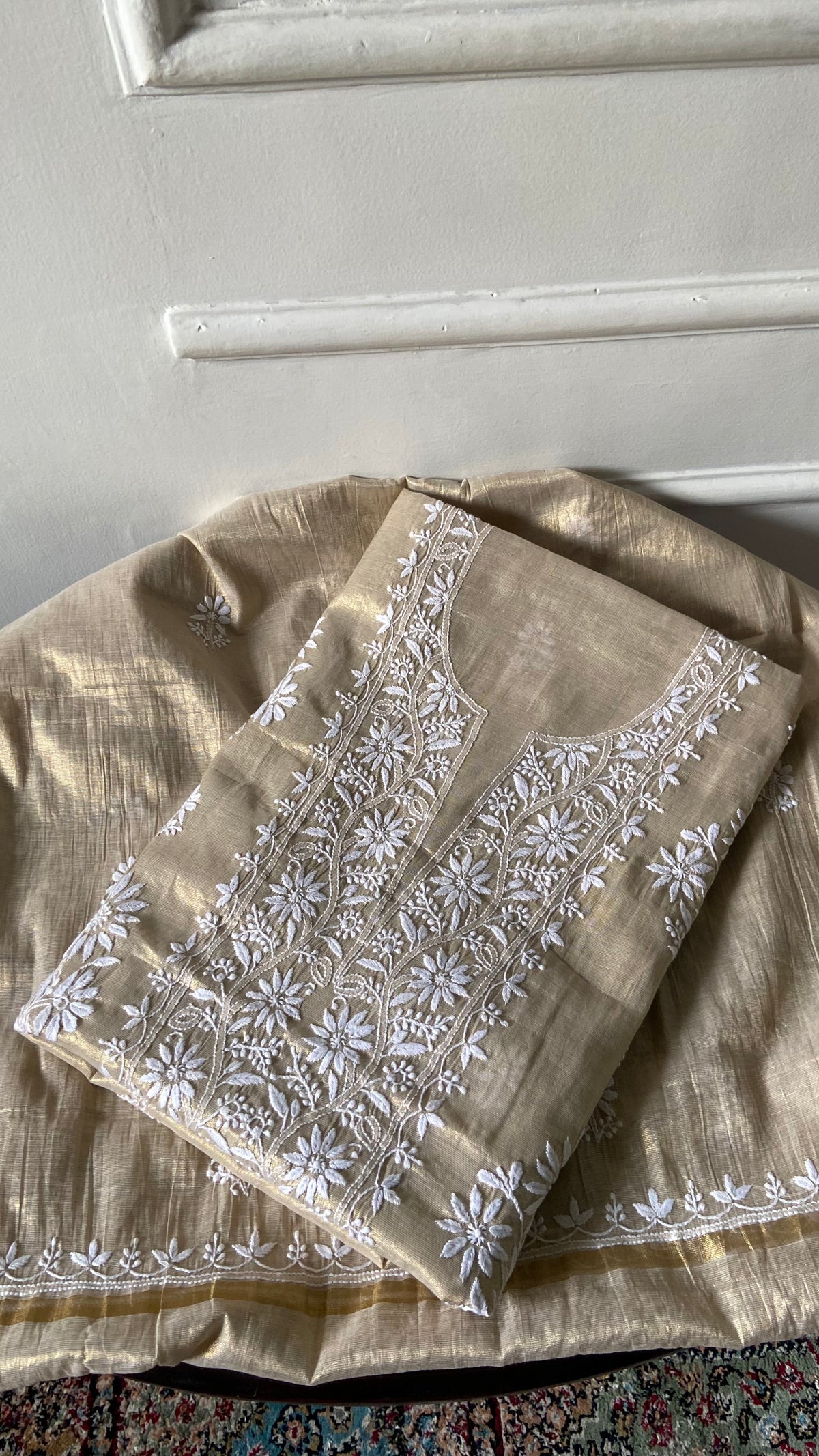 Women's Lakhnavi Handcrafted Tissue Chanderi Unstitched Chikankari Kurta And Dupatta Set - HONC032400