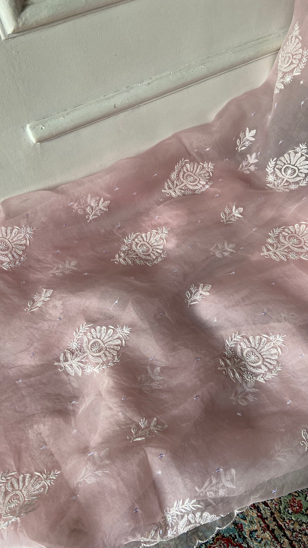 Women's Lakhnavi Handcrafted Pure Organza Chikankari Unstitched Kurta and Dupatta Set - HONC0361463