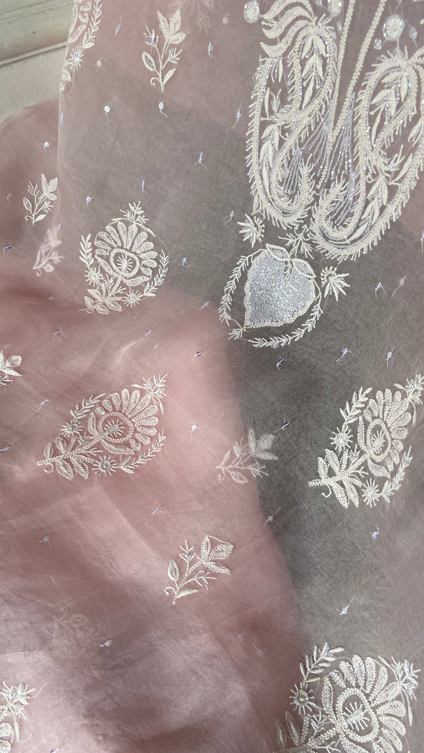 Women's Lakhnavi Handcrafted Pure Organza Chikankari Unstitched Kurta and Dupatta Set - HONC0361463