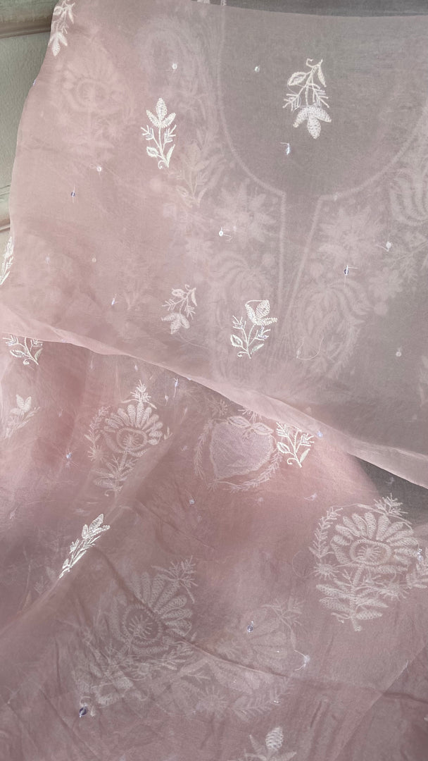 Women's Lakhnavi Handcrafted Pure Organza Chikankari Unstitched Kurta and Dupatta Set - HONC0361463