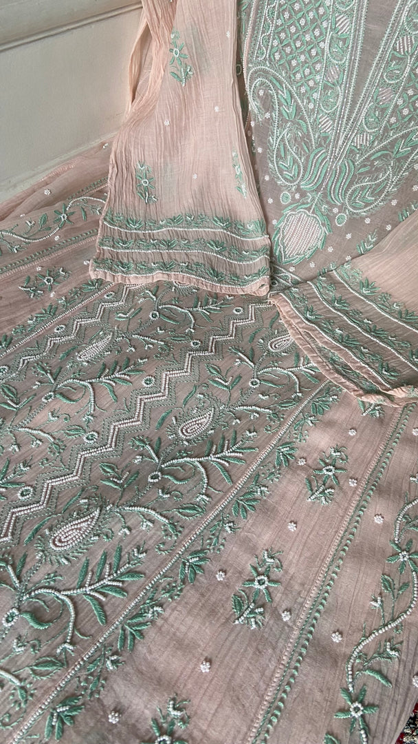 Women's Lakhnavi Handcrafted Mul Chanderi Semi - Stitched Anarkali And Dupatta Set - HONC0376010