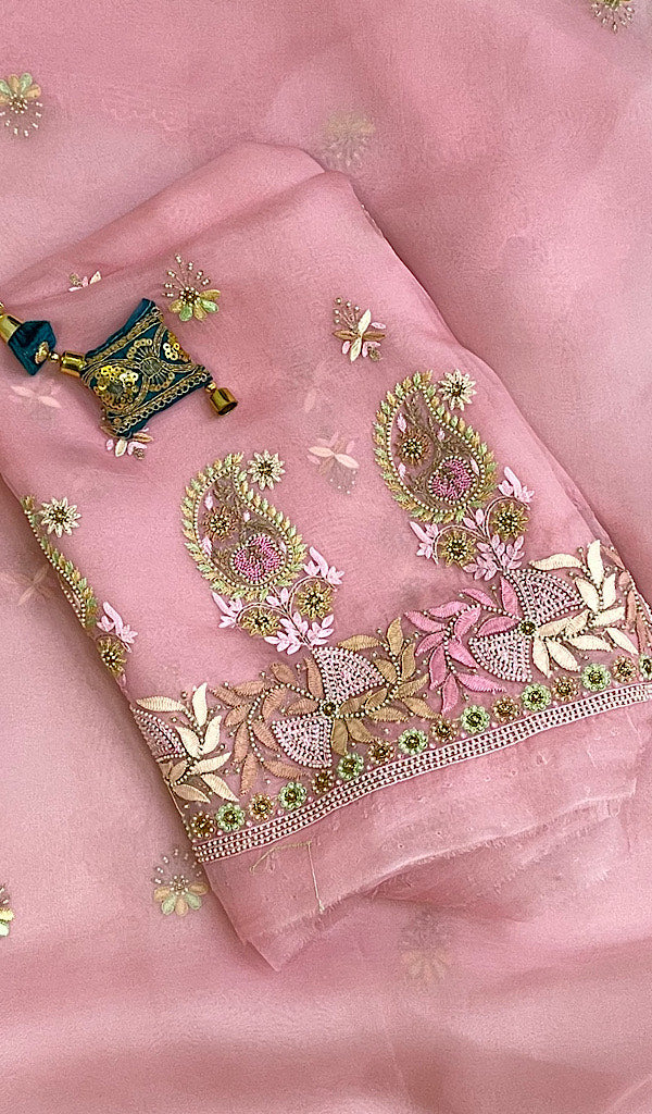 Women's Lakhnavi Handcrafted Pure Organza Chikankari Unstitched Kurta And Dupatta Set- HONC0139598