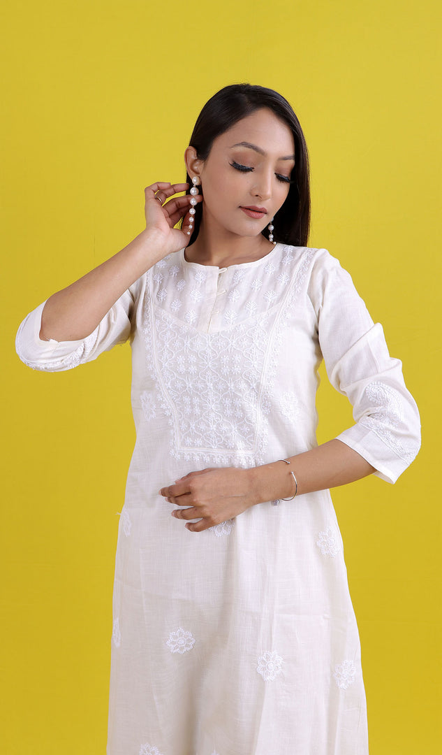 Uzma Women's Lucknowi Handcrafted Cotton Chikankari Kurti - HONC0193593