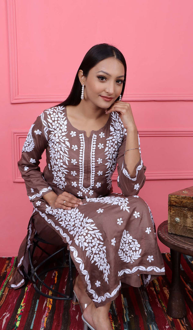 Safina Women's Lakhnavi Handcrafted Modal Cotton Chikankari Kurta And Palazzo Set - HONC0192770