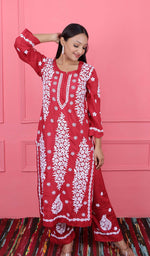 将图像加载到图库查看器中， Safina Women&#39;s Lakhnavi Handcrafted Modal Cotton Chikankari Kurta And Palazzo Set - HONC0170463
