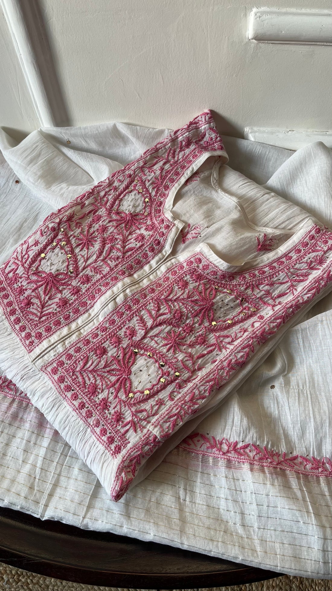 Women's Lakhnavi Handcrafted Mul Chanderi Semi -stitched Kurta And Dupatta Set - HONC0271878