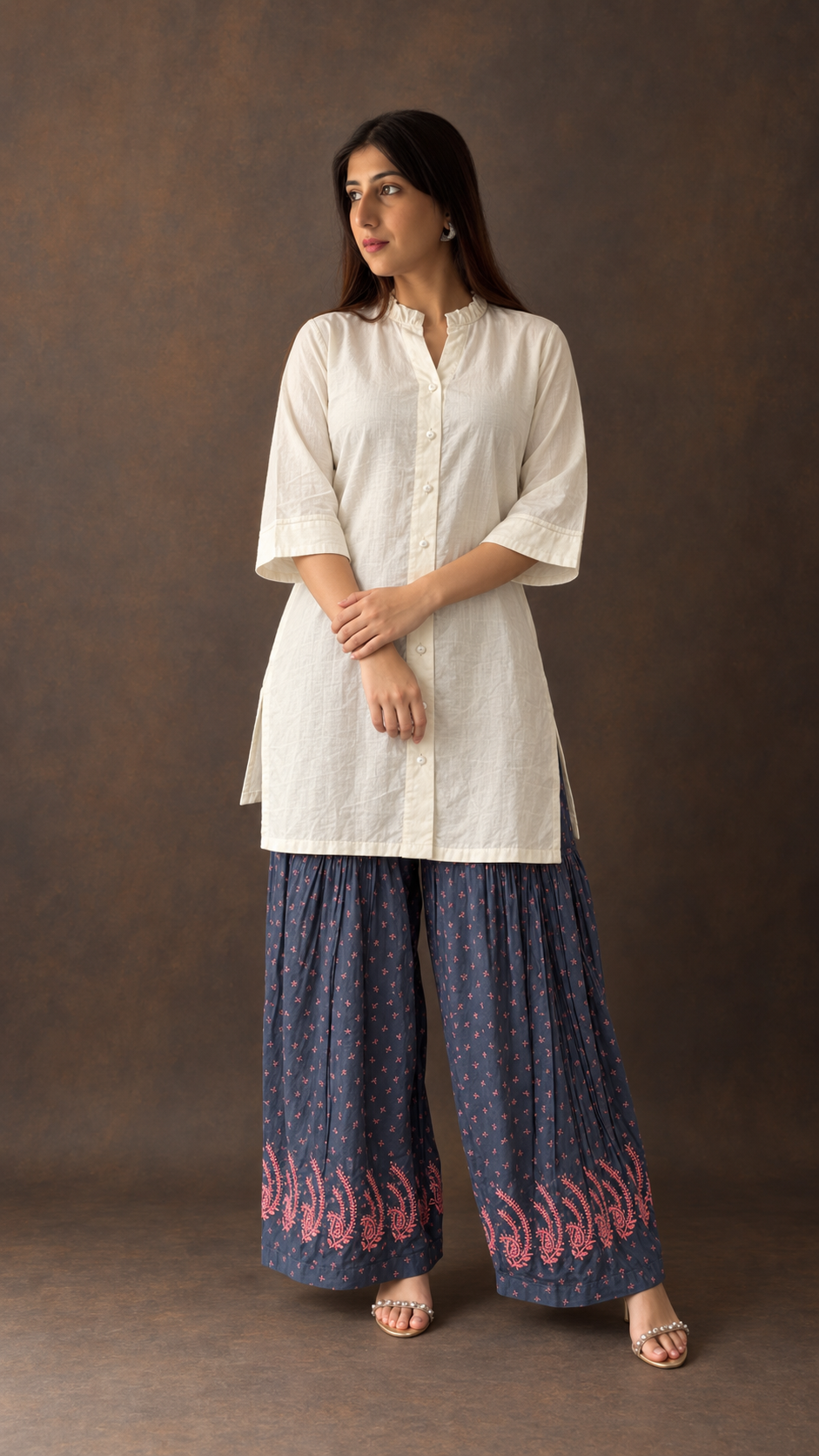 Women's Lakhnavi Handcrafted Cotton Chikankari Top And Palazzo Set - HONC012816