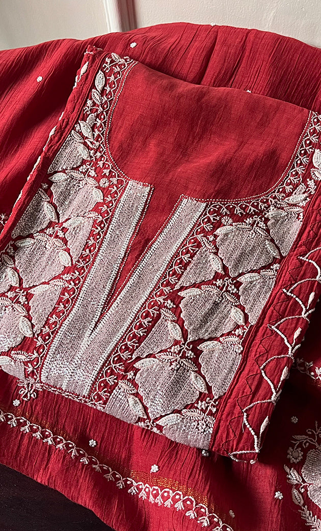 Mehar Women's Lakhnavi Handcrafted Mul Chanderi Semi - Stitched Kurta And Dupatta Set - HONC0312363