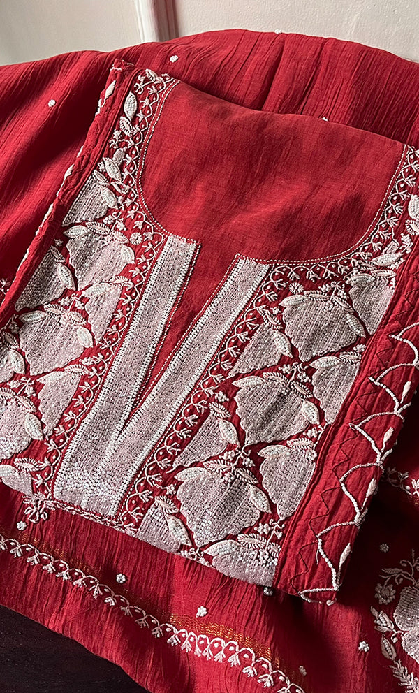 Mehar Women's Lakhnavi Handcrafted Mul Chanderi Semi - Stitched Kurta And Dupatta Set - HONC0312363
