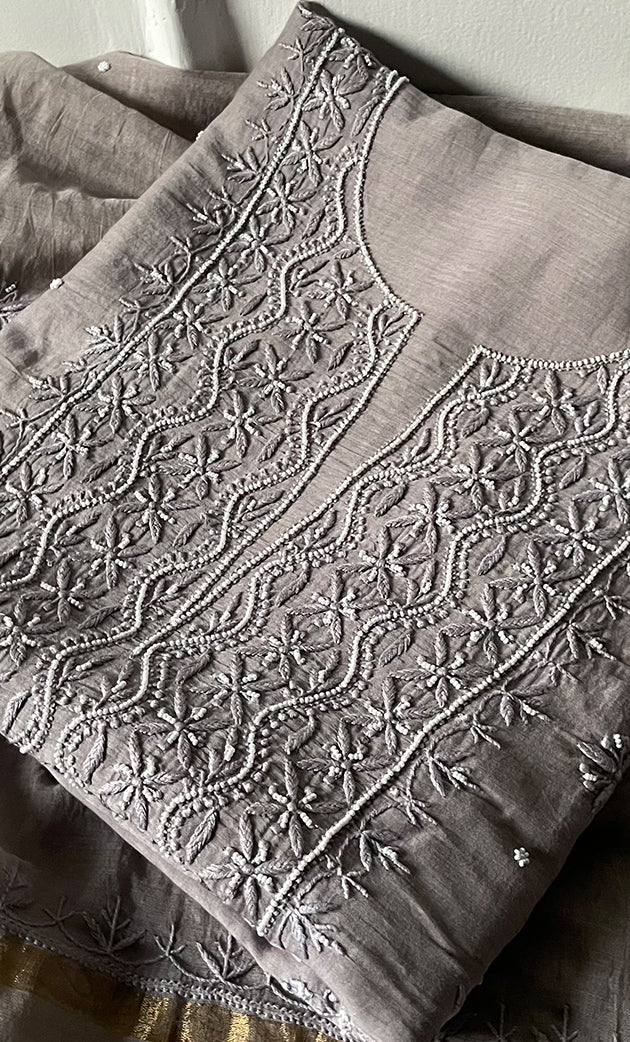 Women's Lakhnavi Handcrafted Mul Chanderi Unstitched Chikankari Full Suit Material - HONC0305483