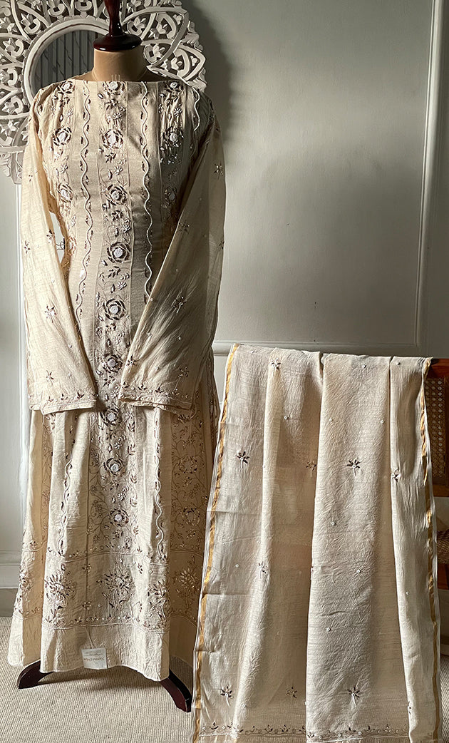 Women's Lakhnavi Handcrafted Munga Silk Semi - Stitched Chiankari Anarkali  And Dupatta Set- HONC0323249