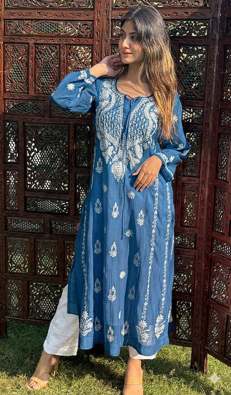 Nafasat Women's Lucknowi Handcrafted Mul Chanderi Chikankari Kurti - HONC0255568