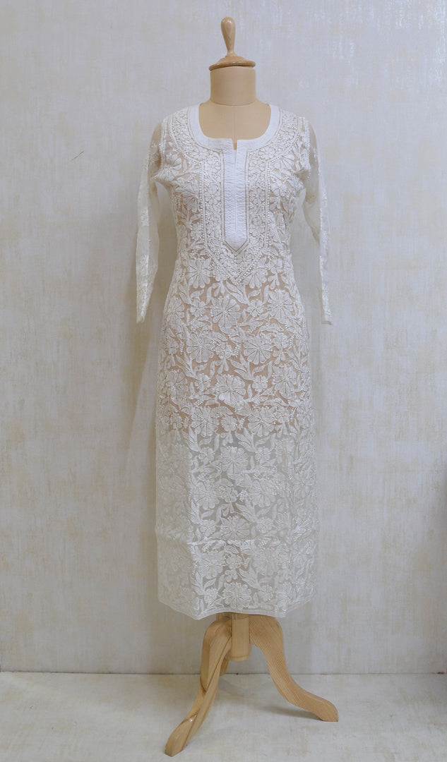 Women's Lucknowi Handcrafted White Organza Chikankari Kurti - NC042683