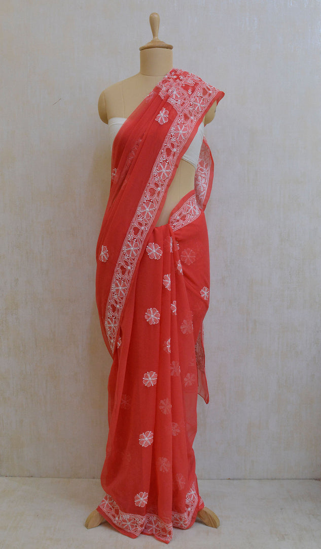 Women's Lucknowi Handcrafted Red Faux-Georgette Chikankari Saree - NC044876