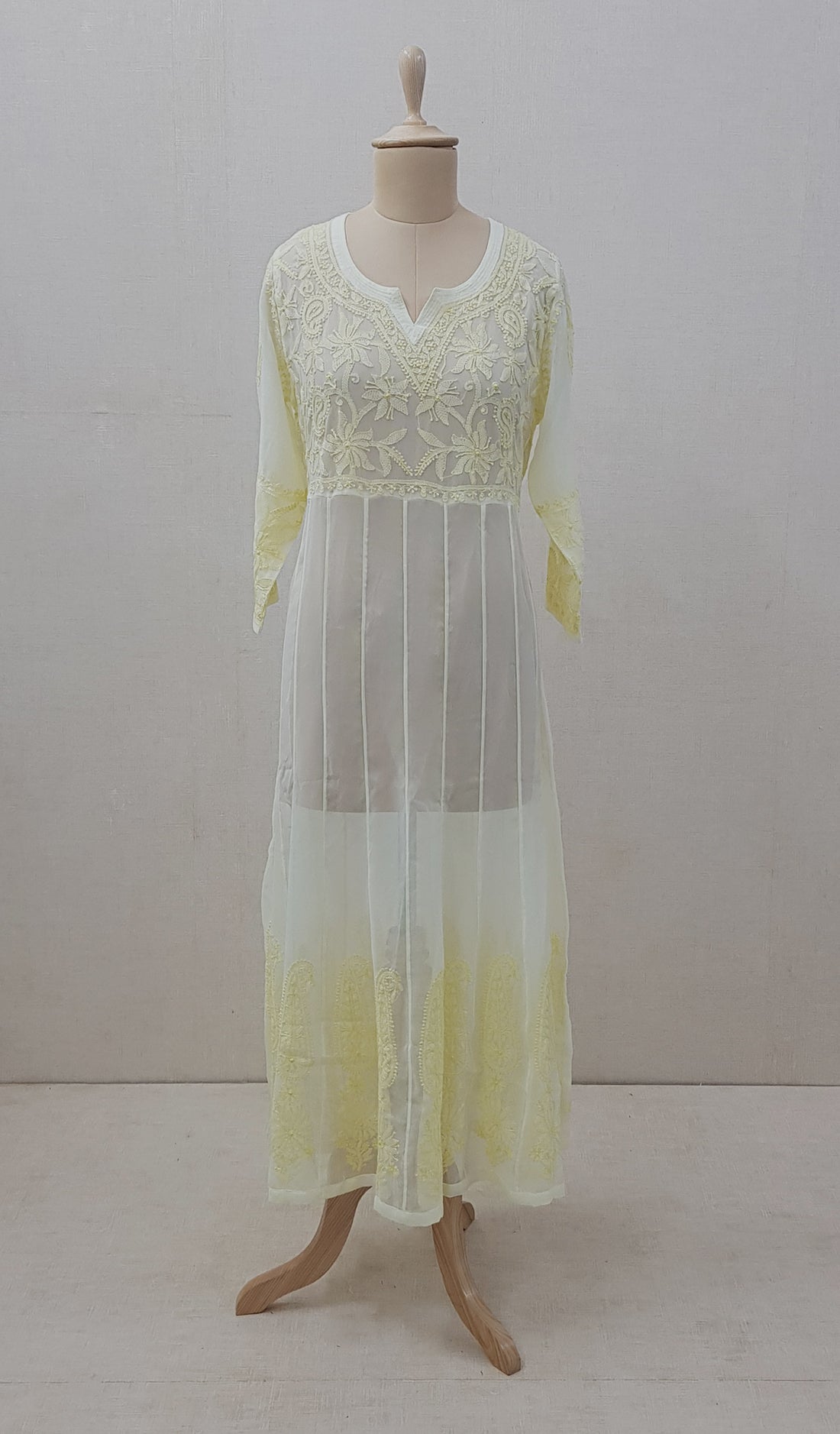 Humaira Women's Lakhanvi Handcrafted Light Yellow Faux-Georgette Chikankari Angrakha - NC046546