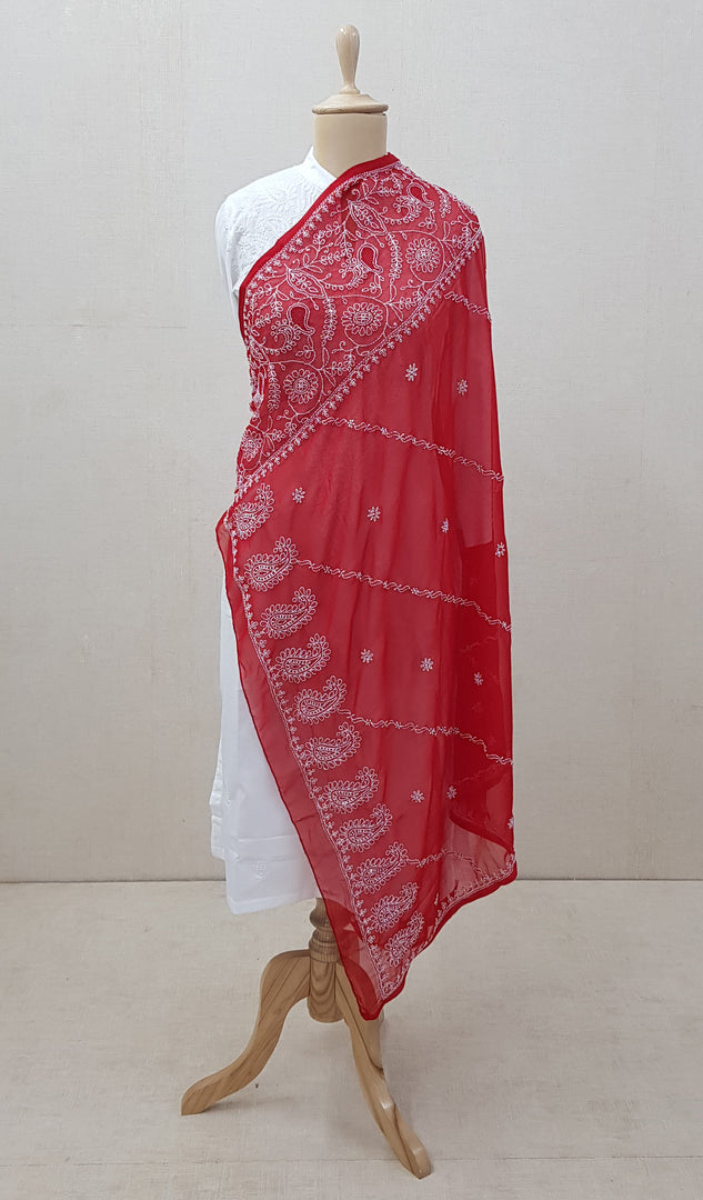 Women's Lucknowi Handcrafted Red Faux-Georgette Chikankari Dupatta - NC046415