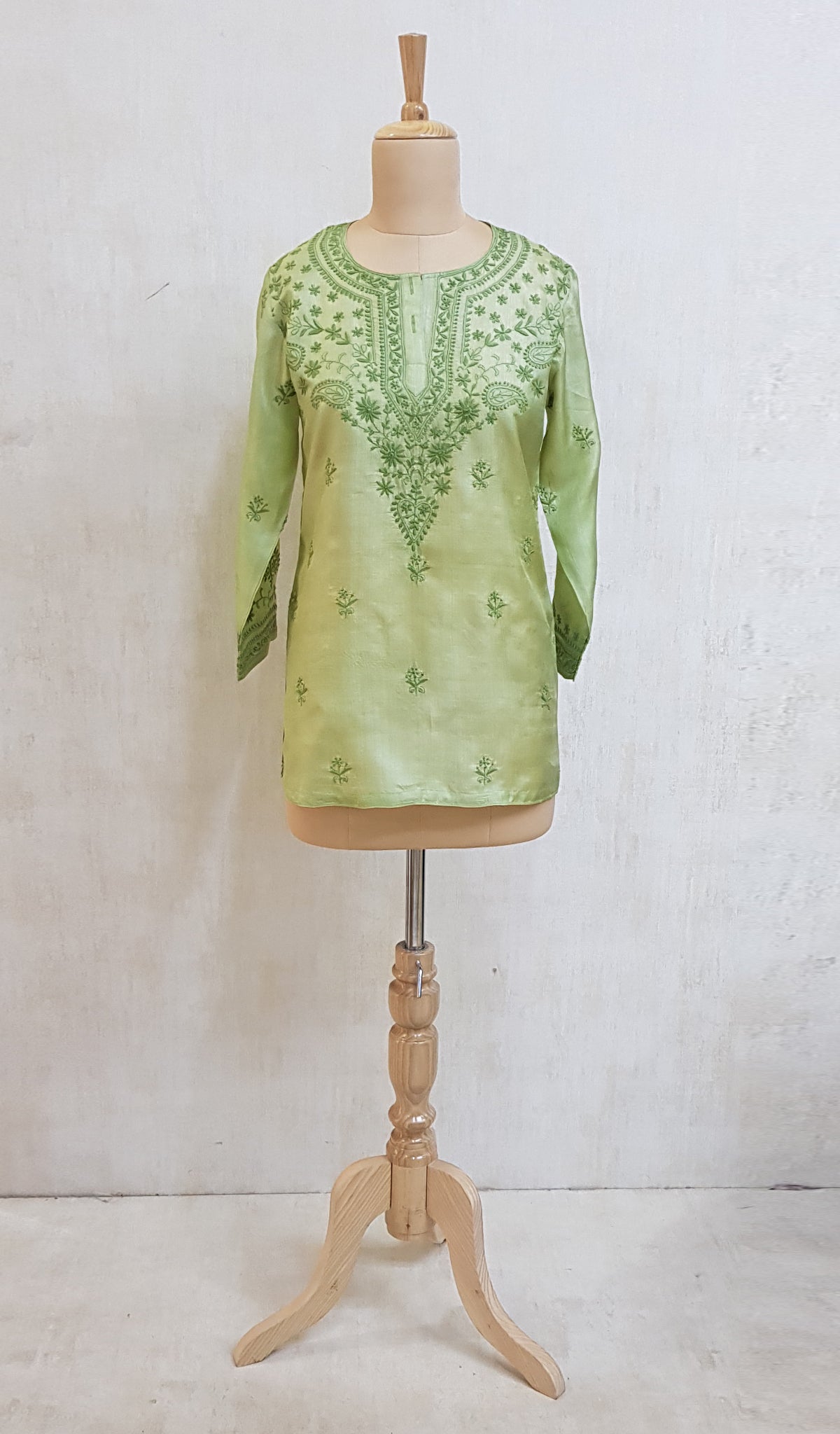 Women's Lucknowi Handcrafted Dark Green Tussar Silk Chikankari Top - NC048680-88