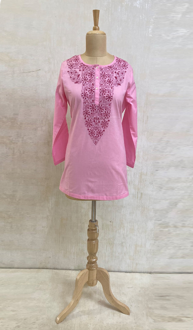 Women's Lucknowi Handcrafted Pink Cotton Chikankari Top - NC050075