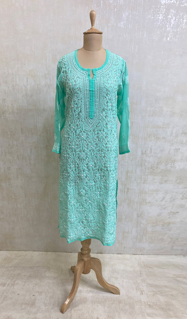 Women's Lucknowi Handcrafted Turquoise Faux-Georgette Chikankari Kurti - NC043295