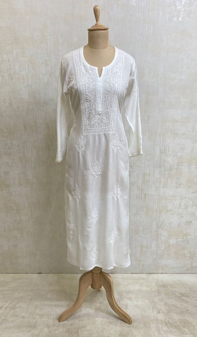 Women's Lucknowi Handcrafted White Modal Cotton Chikankari Kurti - NC055043