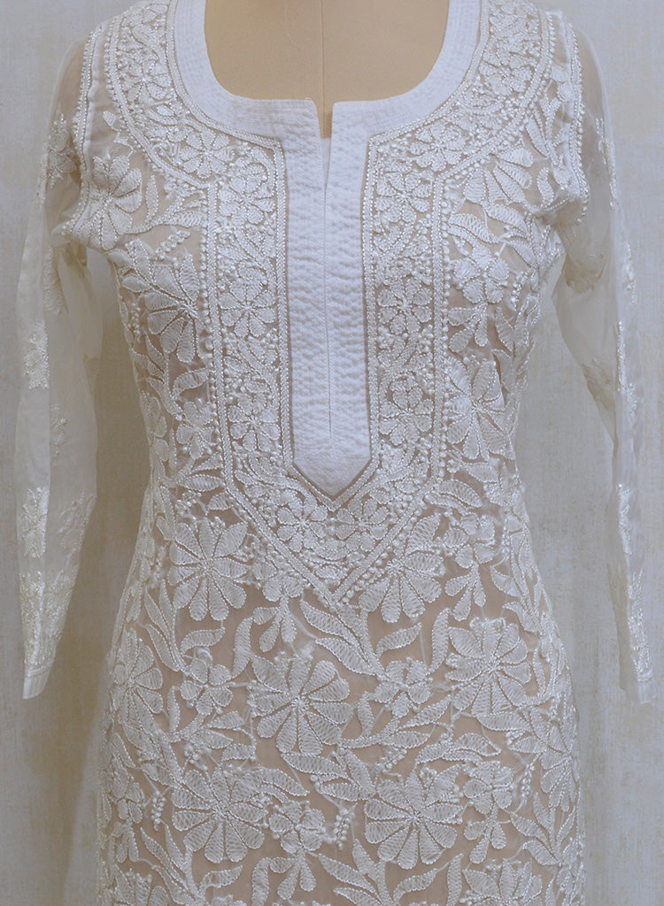 Women's Lucknowi Handcrafted White Organza Chikankari Kurti - NC042683